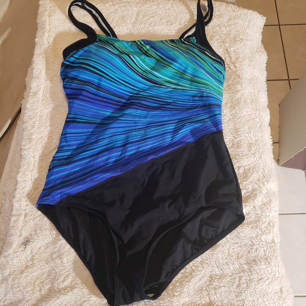Reebok one piece swimsuit, Size 18, Black with blue & trouquise colorful burst.